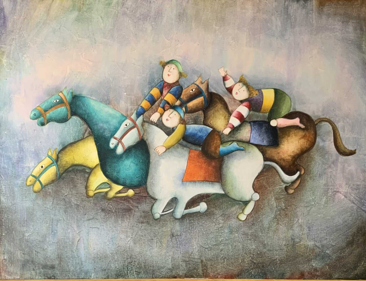 Lot 1116 - Joyce ROYBAL (1955) Horse Race Oil on board