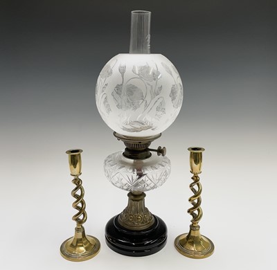 Lot 217 - A late Victorian cut glass and brass oil lamp,...