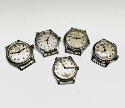 Lot 54 - Five nickel-plated military-style wristwatches,...