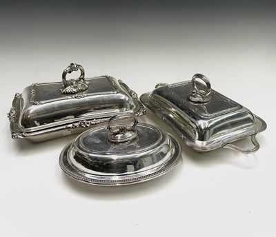 Lot 338 - Three epns entree dishes each with a lid and...