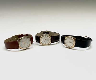 Lot 205 - Three 9ct gold cased wristwatches each with...
