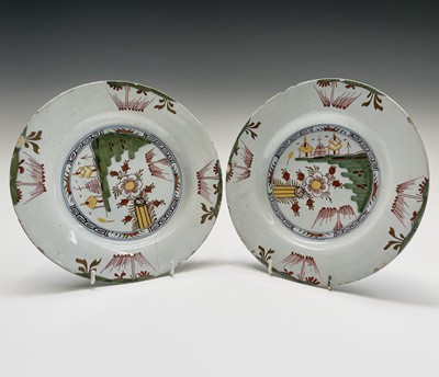 Lot 254 - A pair of English delft polychrome plates, mid...