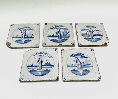 Lot 292 - A set of five Dutch Delft blue and white tiles,...