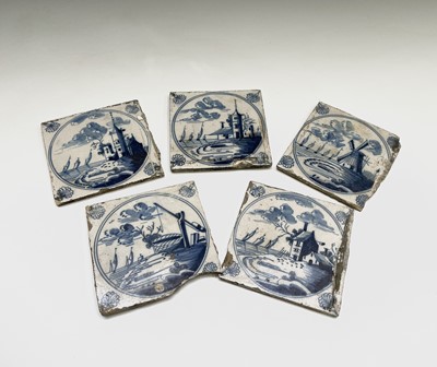 Lot 293 - A set of five Dutch Delft blue and white tiles,...