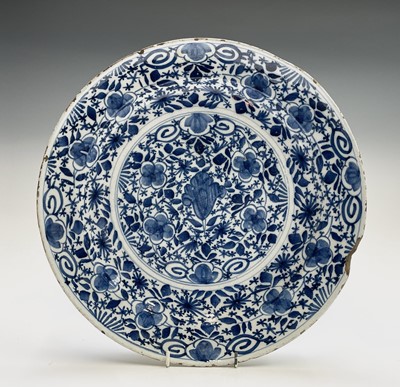 Lot 338 - A Dutch Delft blue and white charger, 18th...