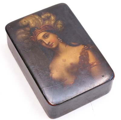 Lot 312 - A 19th century papier mache snuff box, the lid...