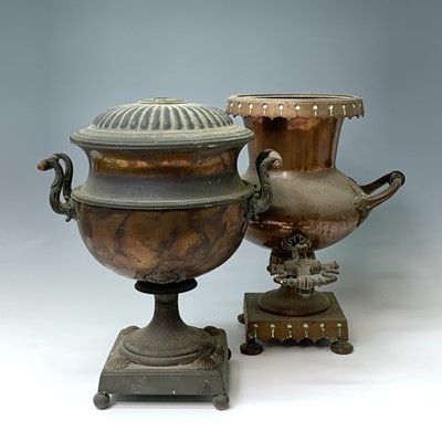 Lot 386 - Two 19th century copper tea urns, heights 41...