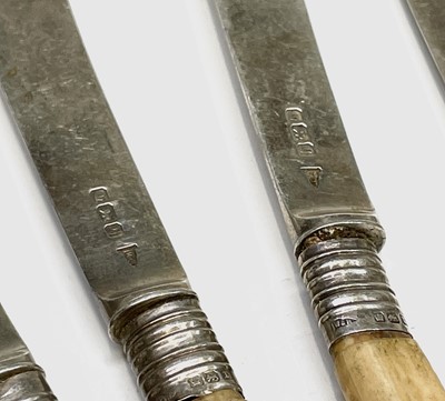 Lot 369 - Grape scissors, cake knives with silver bladed...