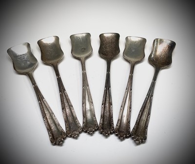 Lot 363 - Six sugar shovel spoons. Stamped 'silver'...