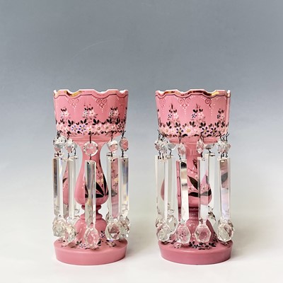 Lot 864 - A pair of Victorian pink opaque glass lustre...