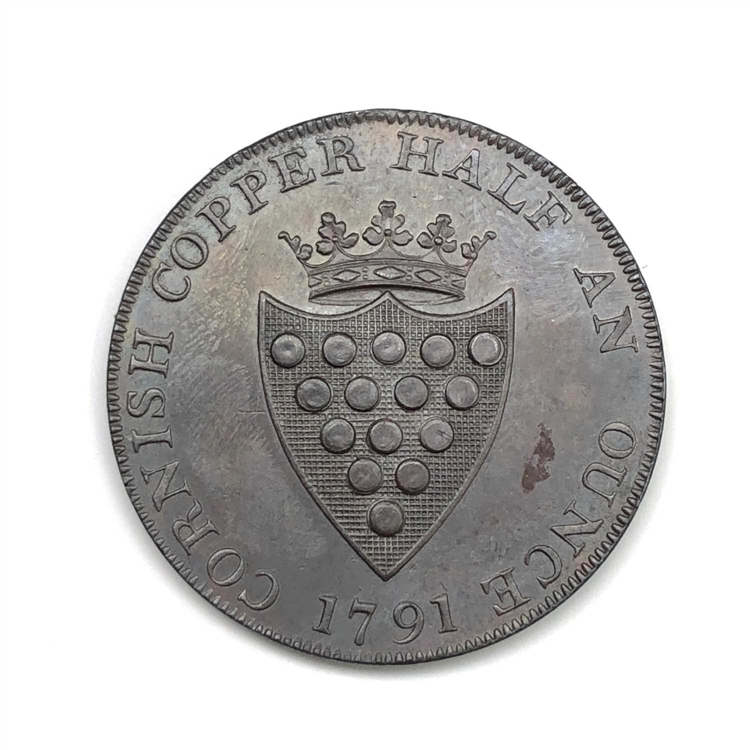 Lot 2651 - A Cornish druid's head half penny token, 1791,...