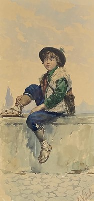 Lot 1106 - E Vitale Italian Boy Watercolour Signed 31x15cm