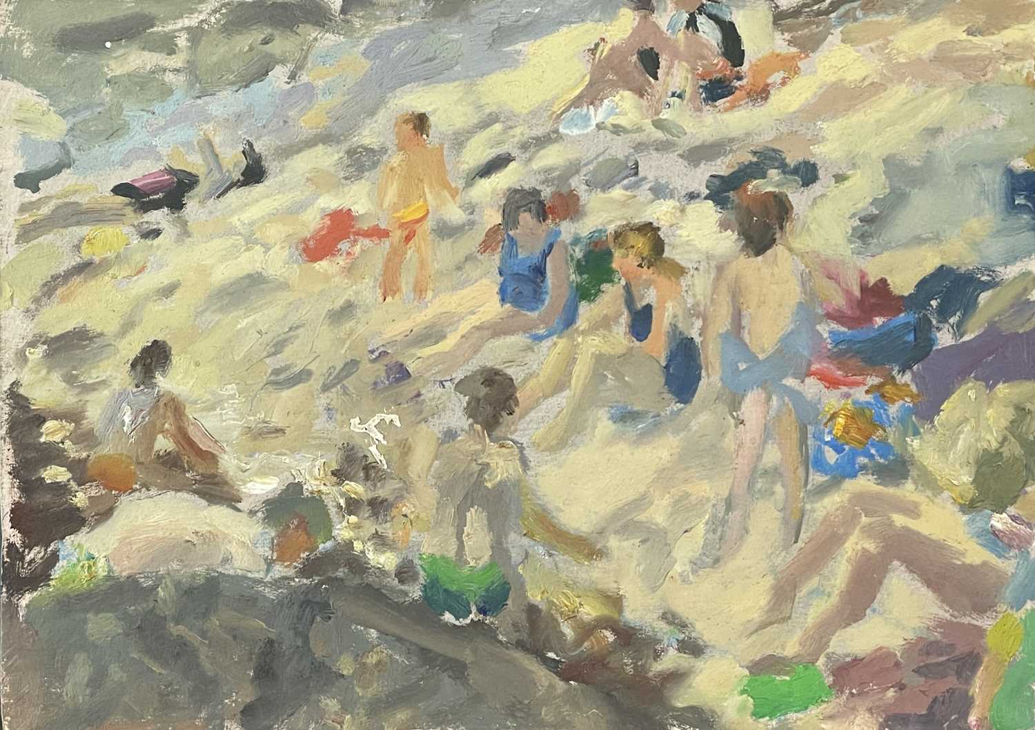 Lot 47 - John HARVEY (1935) Bathers on the Beach Oil on...