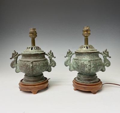 Lot 434 - A pair of Chinese bronze table lamps, 20th...