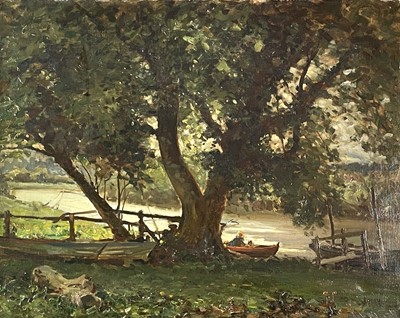 Lot 1212 - Modern British School On The Riverbank Oil on...