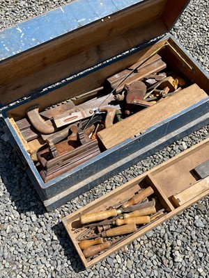 Lot 205 - A blue painted pine box and contents of joiner'...