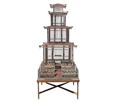 Lot 101 - A Chinese telescopic pagoda bird cage,...