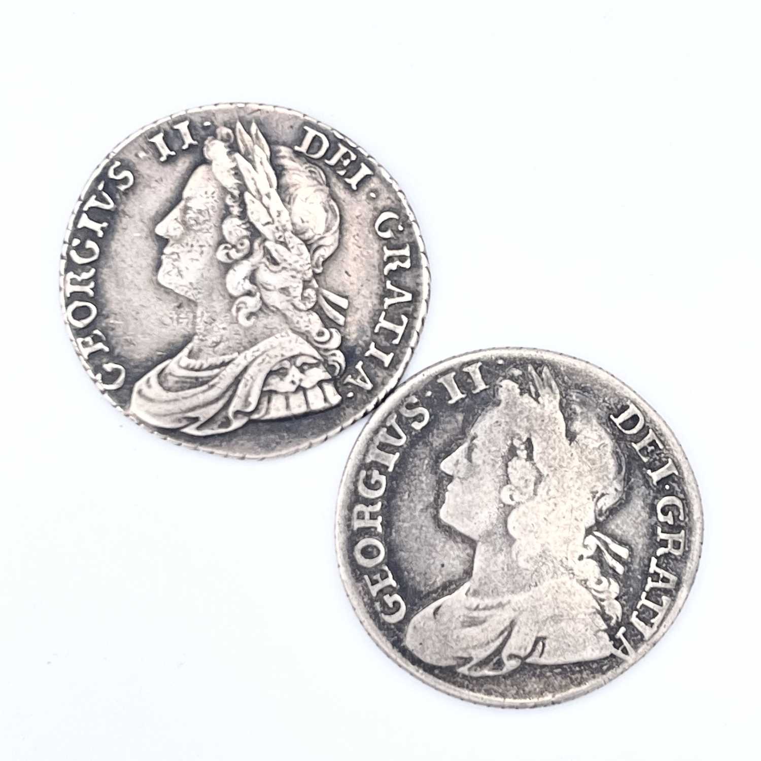 Lot 32 - George II Shillings x 2. 1734 Roses & Plumes...