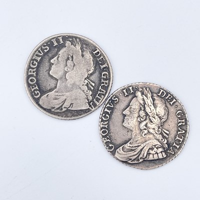 Lot 32 - George II Shillings x 2. 1734 Roses & Plumes...