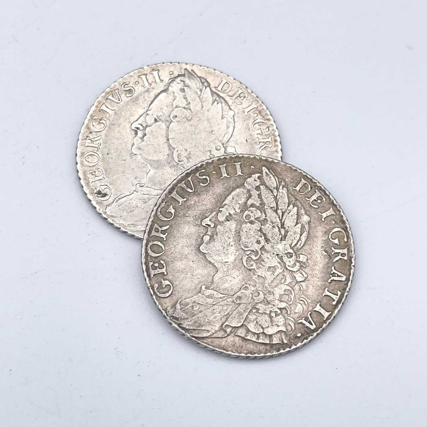 Lot 32 - George II Shillings x 2. 1750 Plain VF, 1758...