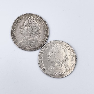 Lot 32 - George II Shillings x 2. 1750 Plain VF, 1758...