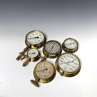 Lot 111 - Six assorted maritime brass pressure gauges,...