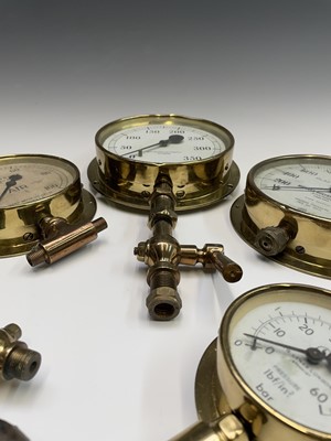 Lot 111 - Six assorted maritime brass pressure gauges,...