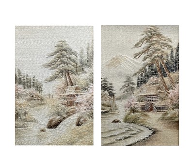 Lot 112 - A pair of Japanese silk embroidered pictures,...