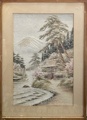 Lot 112 - A pair of Japanese silk embroidered pictures,...