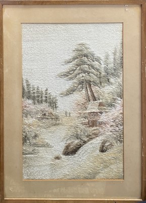 Lot 112 - A pair of Japanese silk embroidered pictures,...