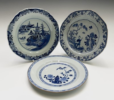 Lot 160 - Three Chinese porcelain blue and white plates,...