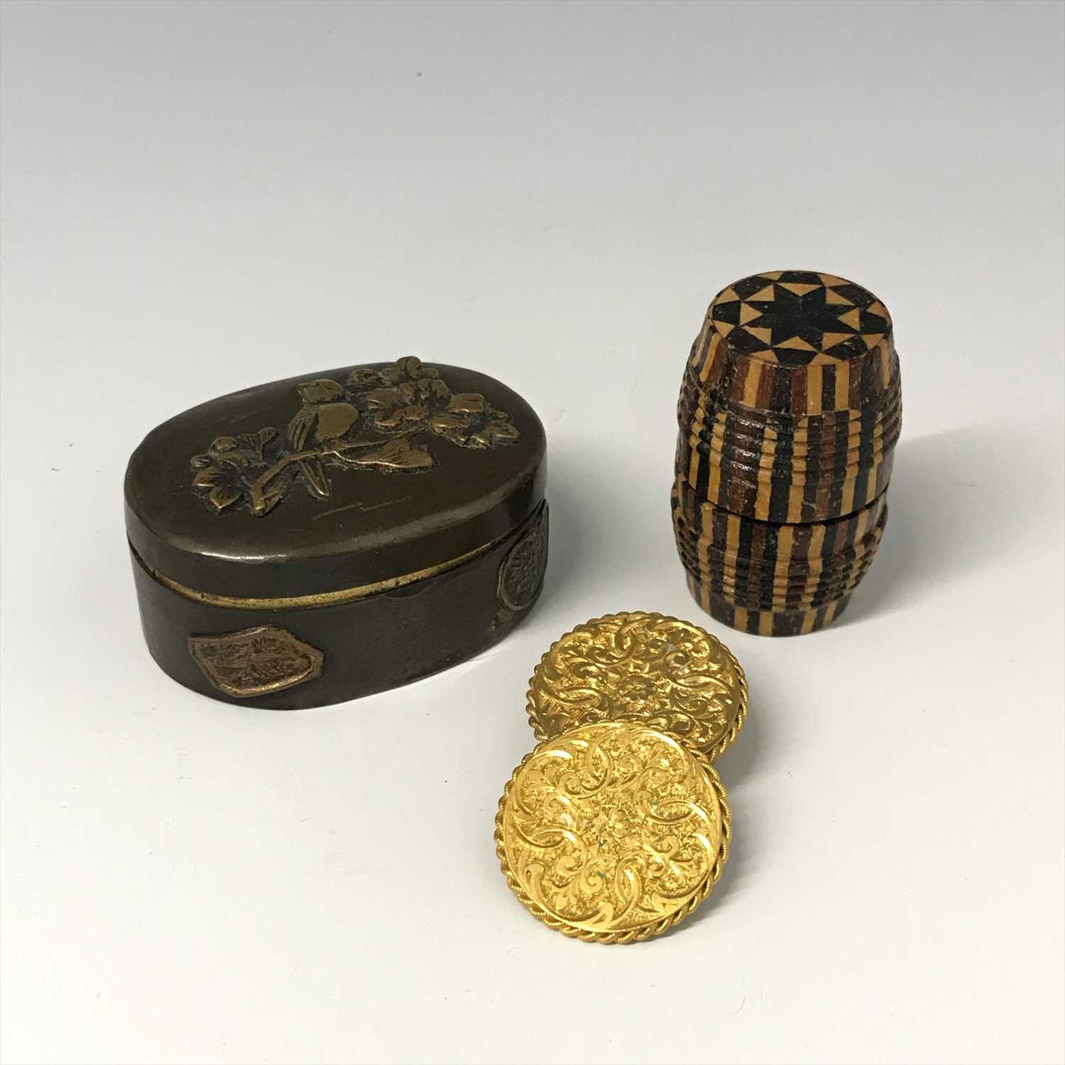 Lot 2716 - A Japanese metal snuff box, a Tunbridge ware...