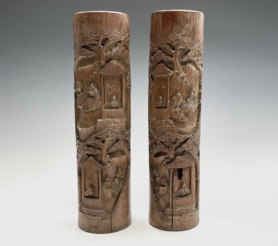 Lot 247 - A pair of large Chinese carved bamboo brush...