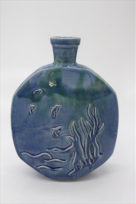 Lot 1409 - A large Lamorna pottery blue glazed flask...