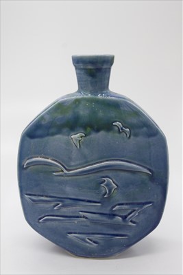 Lot 1409 - A large Lamorna pottery blue glazed flask...