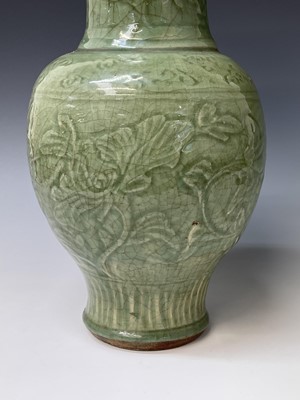 Lot 12 - A large Chinese longquan celadon vase, Yuan...
