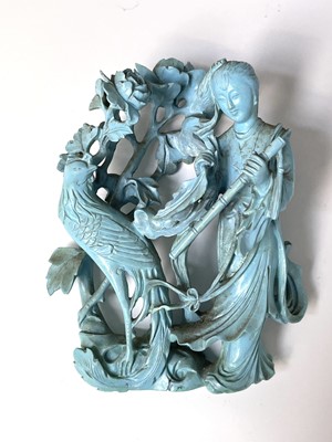 Lot 369 - A Chinese carved turquoise figure of a lady,...