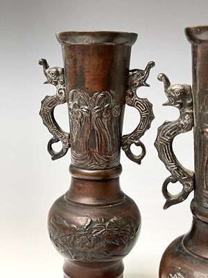 Lot 349 - A pair of Japanese bronzed vases, with dragon...