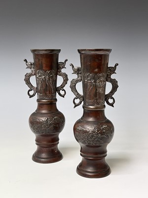 Lot 349 - A pair of Japanese bronzed vases, with dragon...