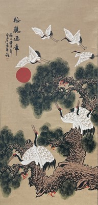 Lot 390 - A Japanese painted scroll, depicting cranes,...