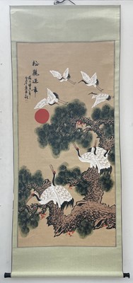 Lot 390 - A Japanese painted scroll, depicting cranes,...