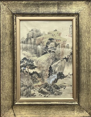 Lot 398 - A Chinese painting on silk of a landscape...