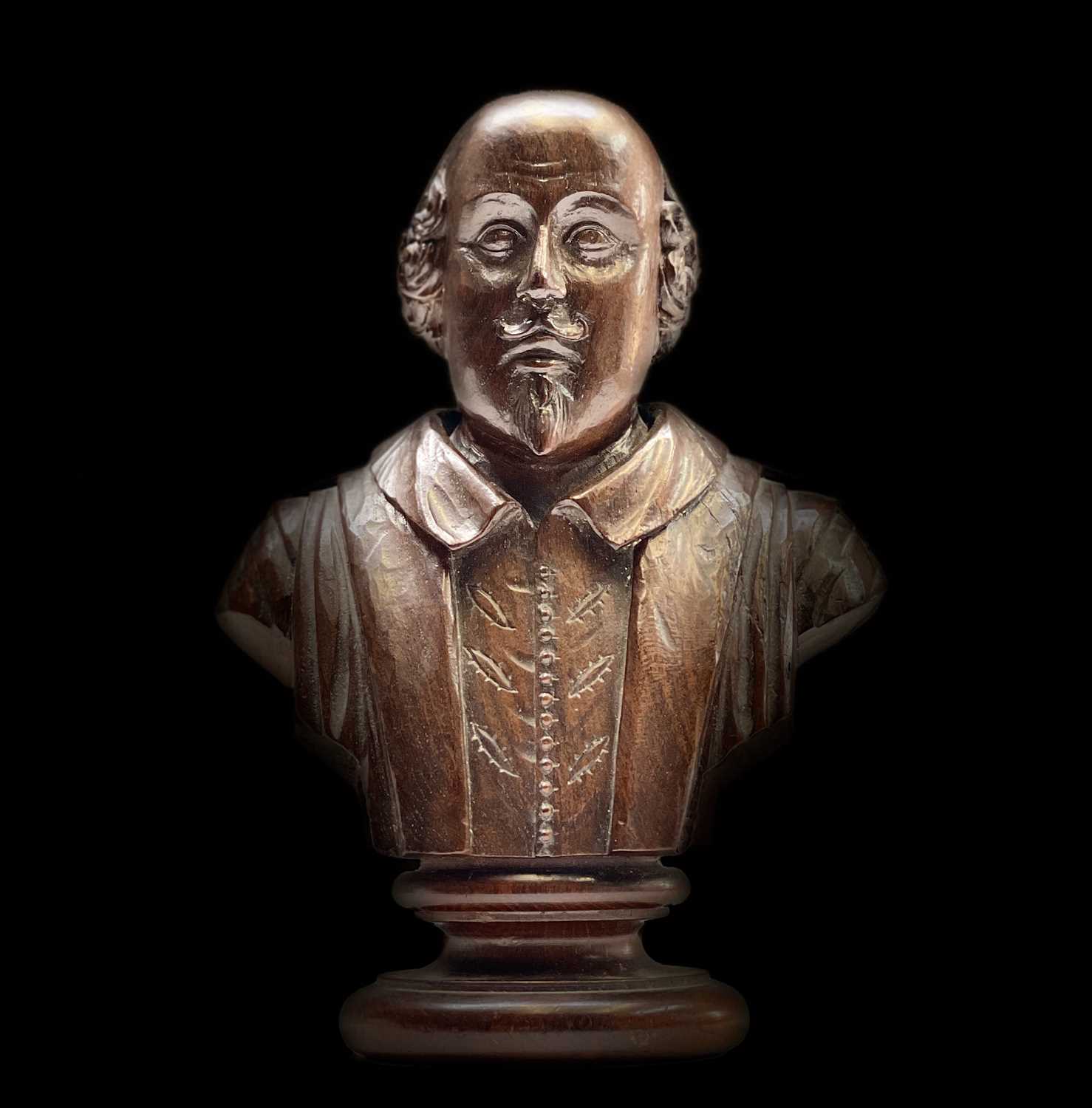 Lot 292 - A carved mulberry wood bust of Shakespeare,...