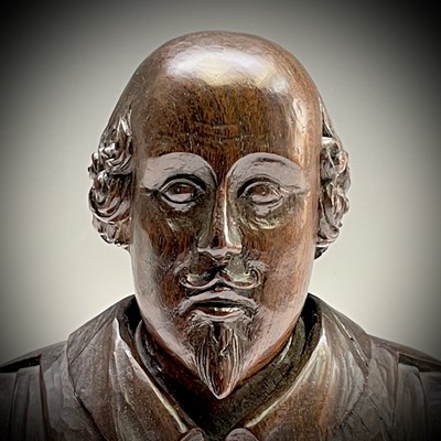 Lot 292 - A carved mulberry wood bust of Shakespeare,...