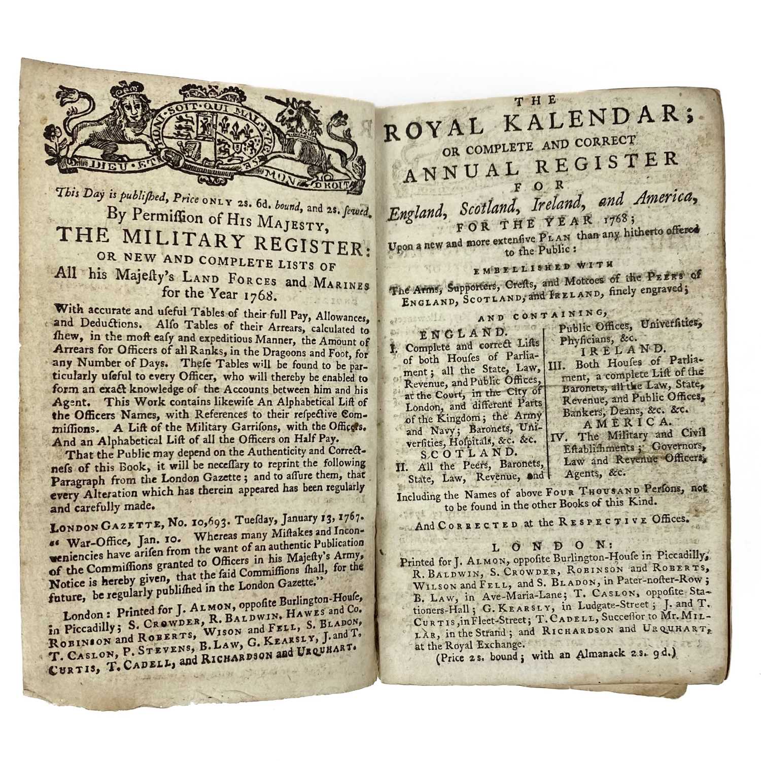 Lot 399 - THE ROYAL KALENDAR, 1768