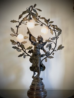 Lot 337 - A French Art Nouveau spelter table lamp titled...