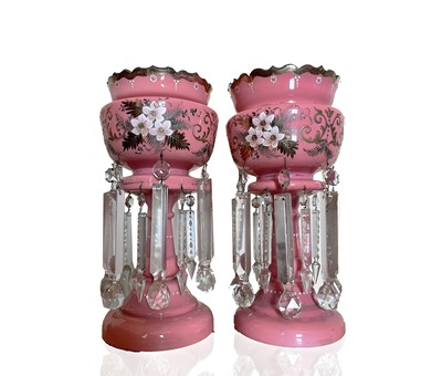 Lot 924 - A pair of Victorian pink opaque glass lustre...