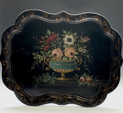 Lot 384 - A 19th century papier-mache tray, painted with...