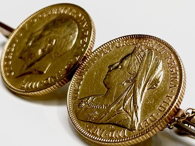 Lot 345 - Two gold sovereigns mounted on a 9ct gold...
