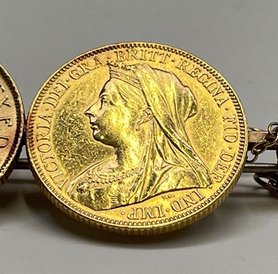 Lot 345 - Two gold sovereigns mounted on a 9ct gold...